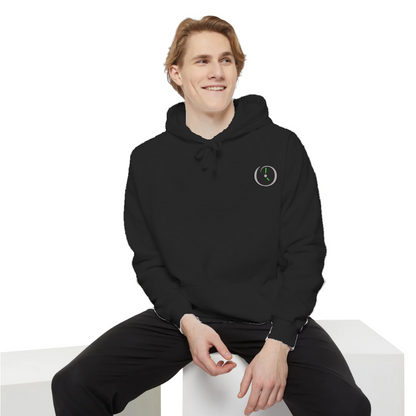 a person wearing black hoodie with logo on it