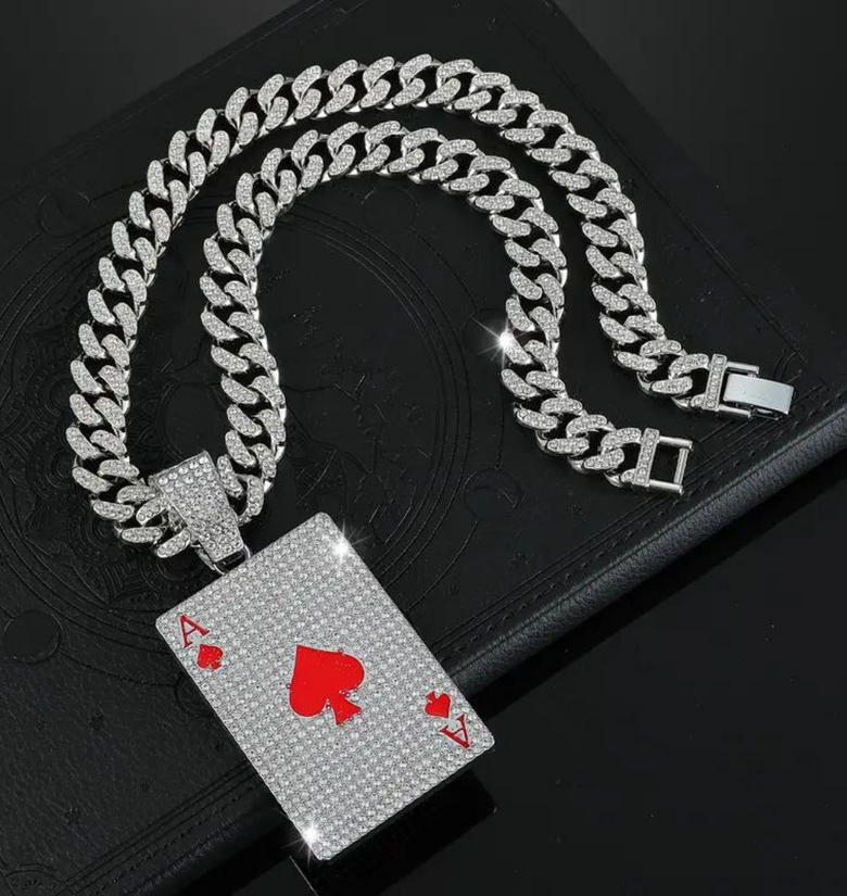 Hip Hop Red Heart Poker Pendant Necklace