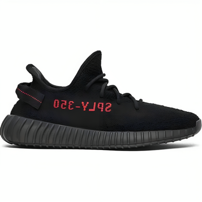a black sneaker with red text