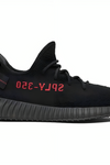 a black sneaker with red text