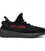 a black sneaker with red text